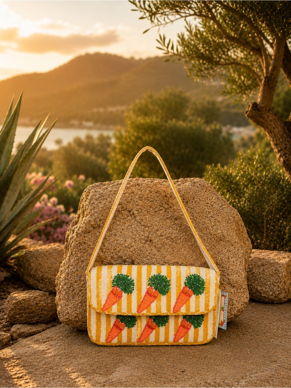 Yellow Striped Carrot beaded Shoulder Bag